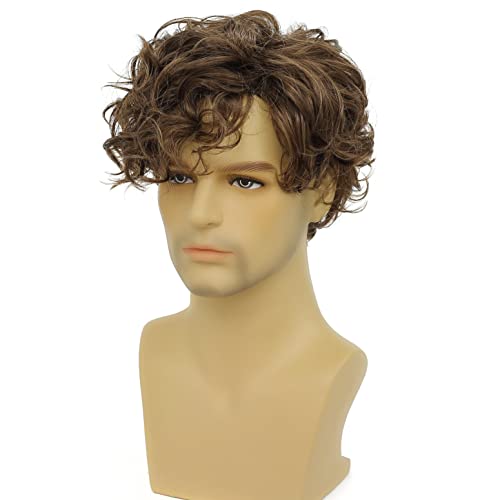 Tseses Short Brown Wigs for Men Curly Layered Natural Looking Side Part Hair Heat Resistant Halloween Synthetic Wigs with Wig Cap (Brown) - Image 3