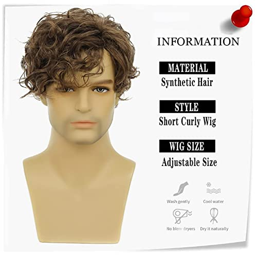 Tseses Short Brown Wigs for Men Curly Layered Natural Looking Side Part Hair Heat Resistant Halloween Synthetic Wigs with Wig Cap (Brown) - Image 5