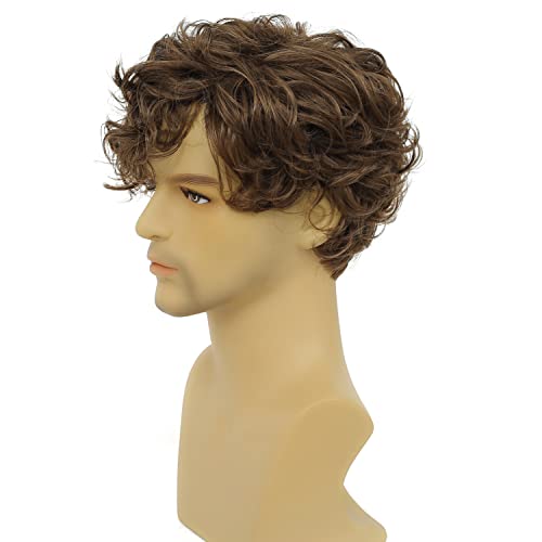 Tseses Short Brown Wigs for Men Curly Layered Natural Looking Side Part Hair Heat Resistant Halloween Synthetic Wigs with Wig Cap (Brown) - Image 4