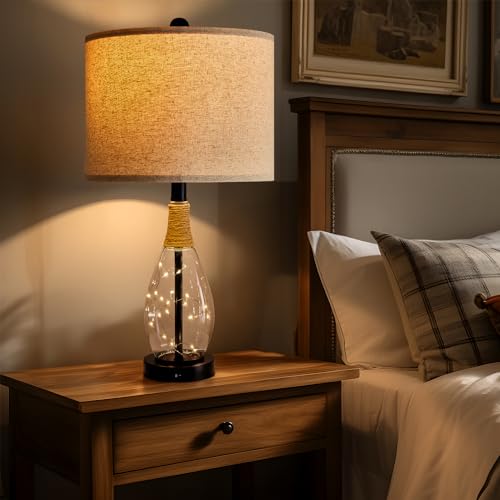 OYEARS 23" USB A+C Table Lamp for Bedroom Living Room Modern Bedside Lamps Retro Farmhouse Rattan Glass Nightstand Nightlight Lamps (Black),Two Light Points - Image 2
