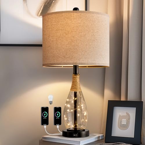 OYEARS 23" USB A+C Table Lamp for Bedroom Living Room Modern Bedside Lamps Retro Farmhouse Rattan Glass Nightstand Nightlight Lamps (Black),Two Light Points - Image 1