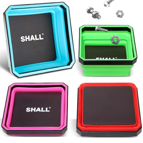 SHALL New Version Collapsible Magnetic Parts Tray Set, 4-Pack Magnetic Tool Trays for Screw Bolts Nuts Washers Pins & Small Metal Parts, 4.5” Square Silicone Foldable Bowls w/Dual-Sided Magnetic Base - Image 1