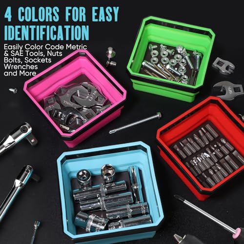 SHALL New Version Collapsible Magnetic Parts Tray Set, 4-Pack Magnetic Tool Trays for Screw Bolts Nuts Washers Pins & Small Metal Parts, 4.5” Square Silicone Foldable Bowls w/Dual-Sided Magnetic Base - Image 4