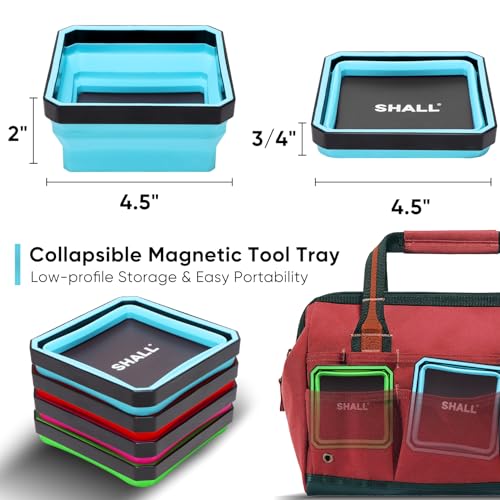 SHALL New Version Collapsible Magnetic Parts Tray Set, 4-Pack Magnetic Tool Trays for Screw Bolts Nuts Washers Pins & Small Metal Parts, 4.5” Square Silicone Foldable Bowls w/Dual-Sided Magnetic Base - Image 5