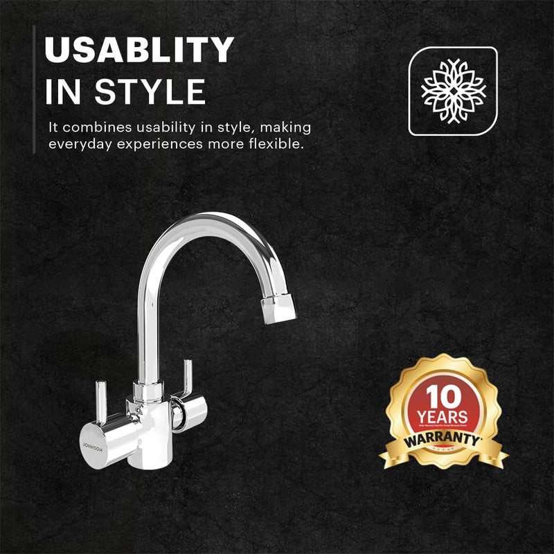 Johnson Bathrooms خلاط حوض مركز ثقب من جونسون للحمامات بتشطيب كروم مقاوم للضغط العالي خالي من التسرب مع 2 خرطوم مضفر مزود بمياه ساخنة وباردة ضمان 10 سنوات - Image 5