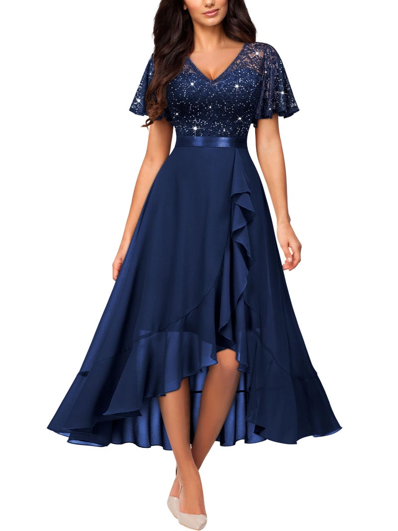 Miusol Women's Classy V-Neck Butterfly Sleeve Sequined Floral Lace Ruffle Split Bridesmaid Party Dress (X-Large, A-Navy Blue) - Image 1