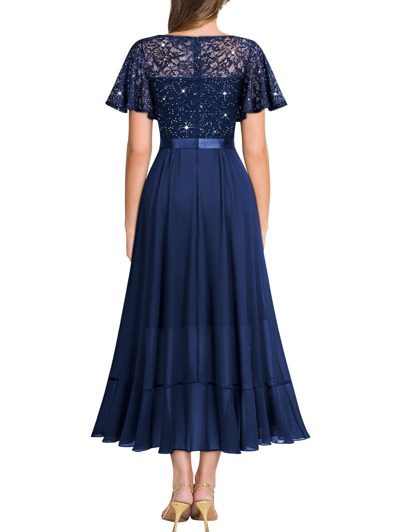 Miusol Women's Classy V-Neck Butterfly Sleeve Sequined Floral Lace Ruffle Split Bridesmaid Party Dress (X-Large, A-Navy Blue) - Image 2