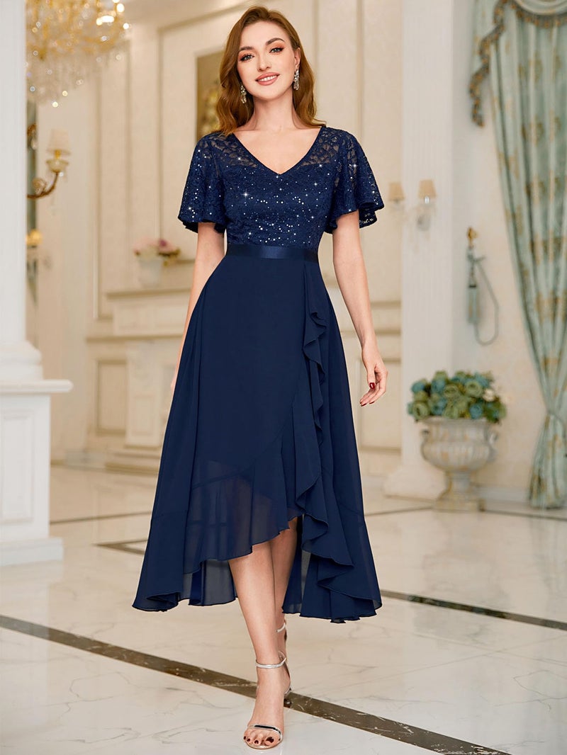 Miusol Women's Classy V-Neck Butterfly Sleeve Sequined Floral Lace Ruffle Split Bridesmaid Party Dress (X-Large, A-Navy Blue) - Image 3