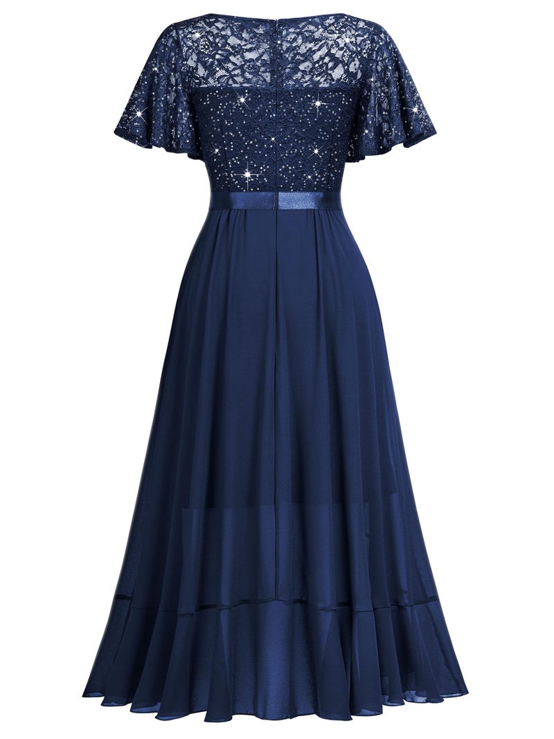 Miusol Women's Classy V-Neck Butterfly Sleeve Sequined Floral Lace Ruffle Split Bridesmaid Party Dress (X-Large, A-Navy Blue) - Image 5