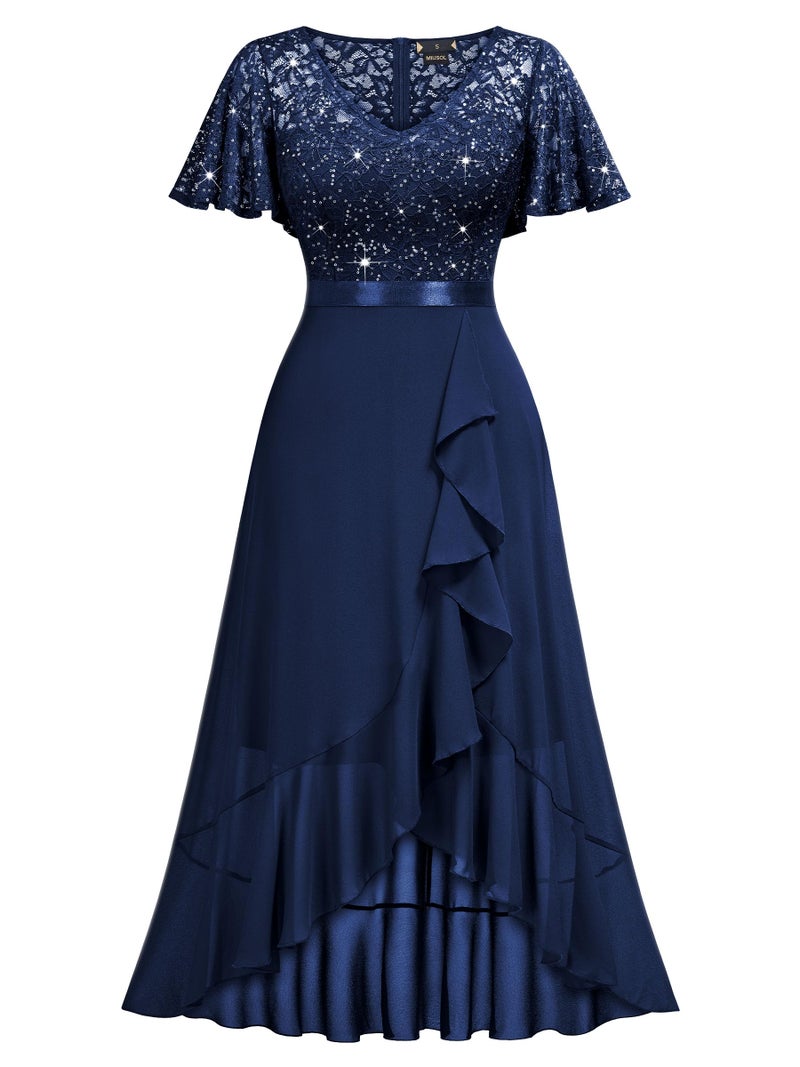 Miusol Women's Classy V-Neck Butterfly Sleeve Sequined Floral Lace Ruffle Split Bridesmaid Party Dress (X-Large, A-Navy Blue) - Image 4