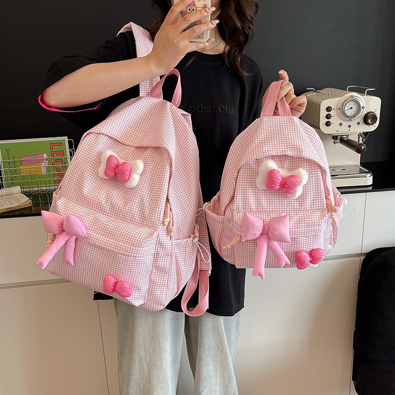 Girls Bow Backpack, Large School Bag, Checkered - Image 2