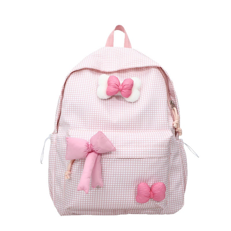 Girls Bow Backpack, Large School Bag, Checkered - Image 1