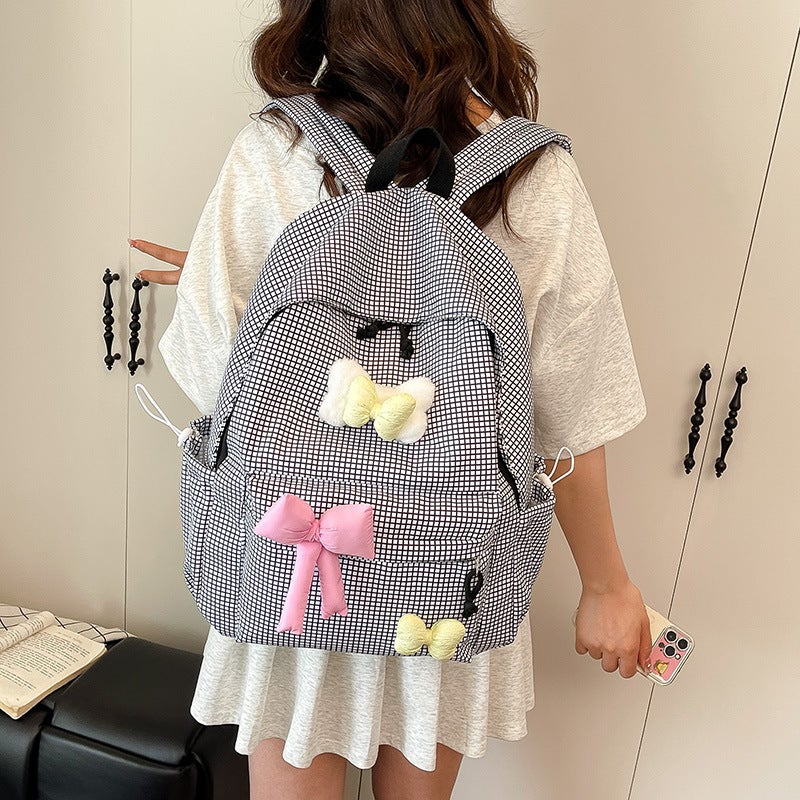Girls Bow Backpack, Large School Bag, Checkered - Image 5