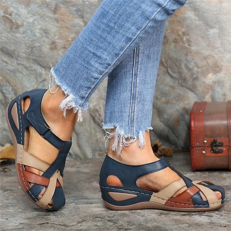 foreign trade women''s shoes 2021 summer new and retro round toe wedge cross buckle women''s sandals - Image 5