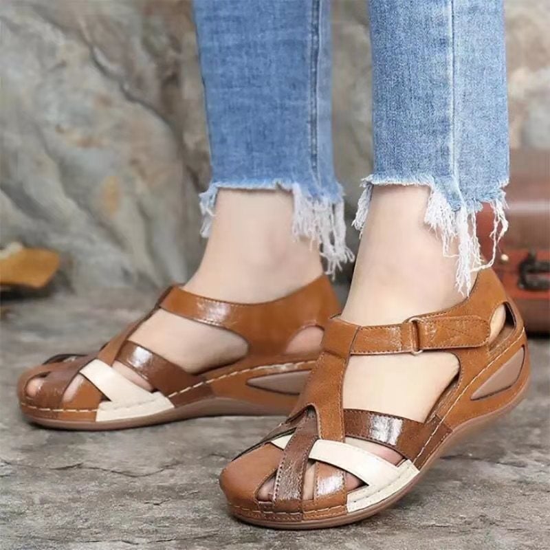 foreign trade women''s shoes 2021 summer new and retro round toe wedge cross buckle women''s sandals - Image 3
