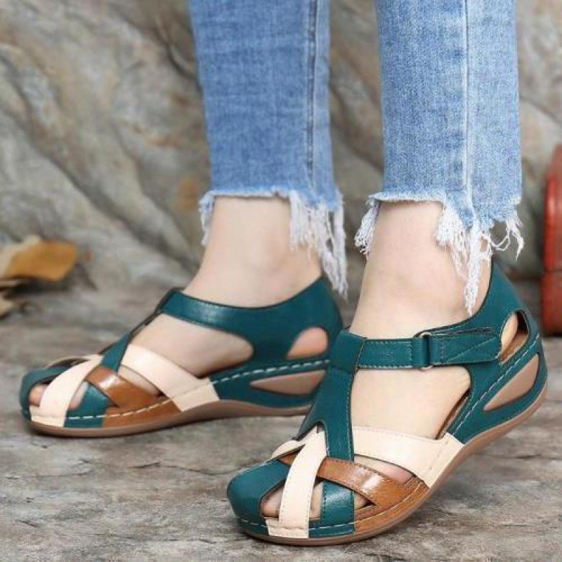 foreign trade women''s shoes 2021 summer new and retro round toe wedge cross buckle women''s sandals - Image 2