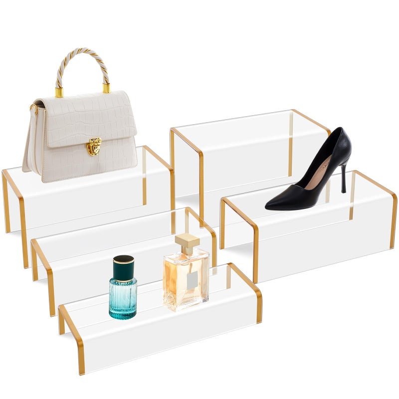 RattanView 5 Pack Clear Acrylic Purses Display Stands, 11" L 5mm Thick Luxury Purse, Handbag, Jewelry & Perfume Risers, Gold Luxury Shoe Display Riser for Closet, Boutique, Vendor Events (5 Tier) - Image 1