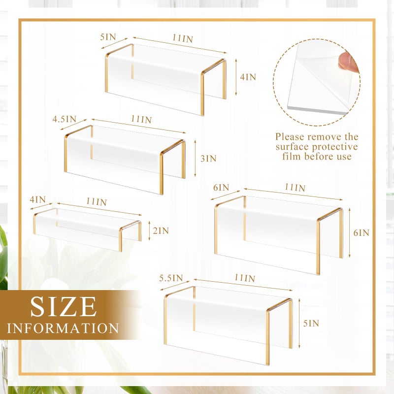RattanView 5 Pack Clear Acrylic Purses Display Stands, 11" L 5mm Thick Luxury Purse, Handbag, Jewelry & Perfume Risers, Gold Luxury Shoe Display Riser for Closet, Boutique, Vendor Events (5 Tier) - Image 2