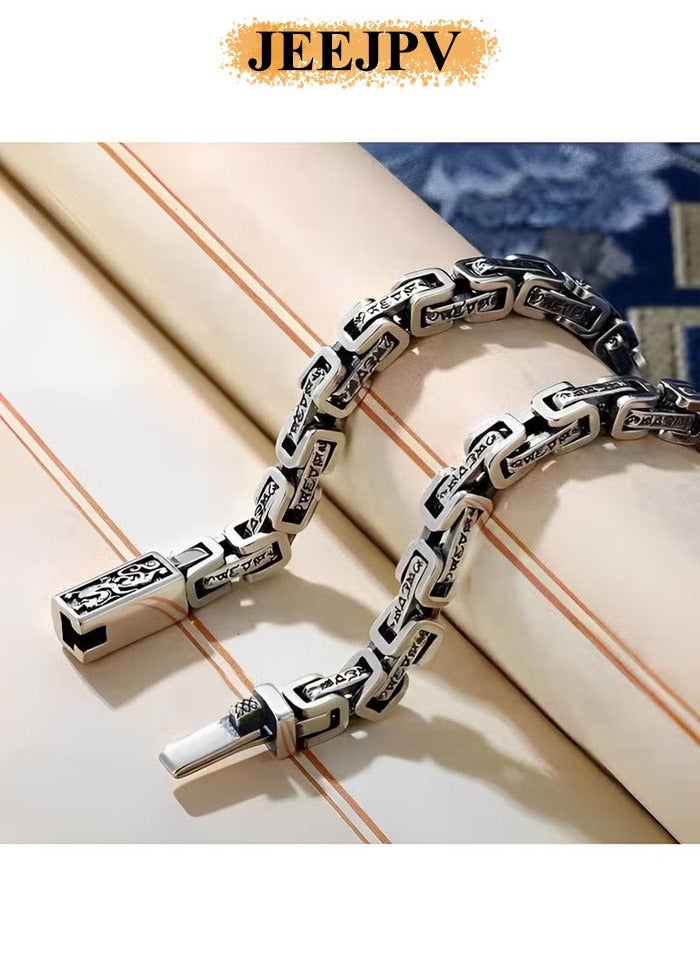 JEEJPV Men's Bracelet Hand Engraved Square Chain Bracelet 925 Sterling Silver Bracelet Retro Bracelet with Engraved Pattern - Image 3