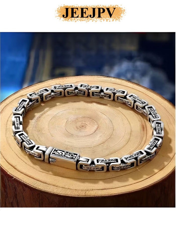 JEEJPV Men's Bracelet Hand Engraved Square Chain Bracelet 925 Sterling Silver Bracelet Retro Bracelet with Engraved Pattern - Image 1