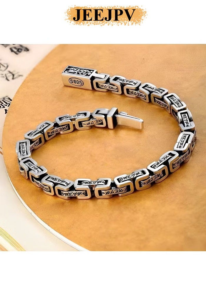 JEEJPV Men's Bracelet Hand Engraved Square Chain Bracelet 925 Sterling Silver Bracelet Retro Bracelet with Engraved Pattern - Image 2
