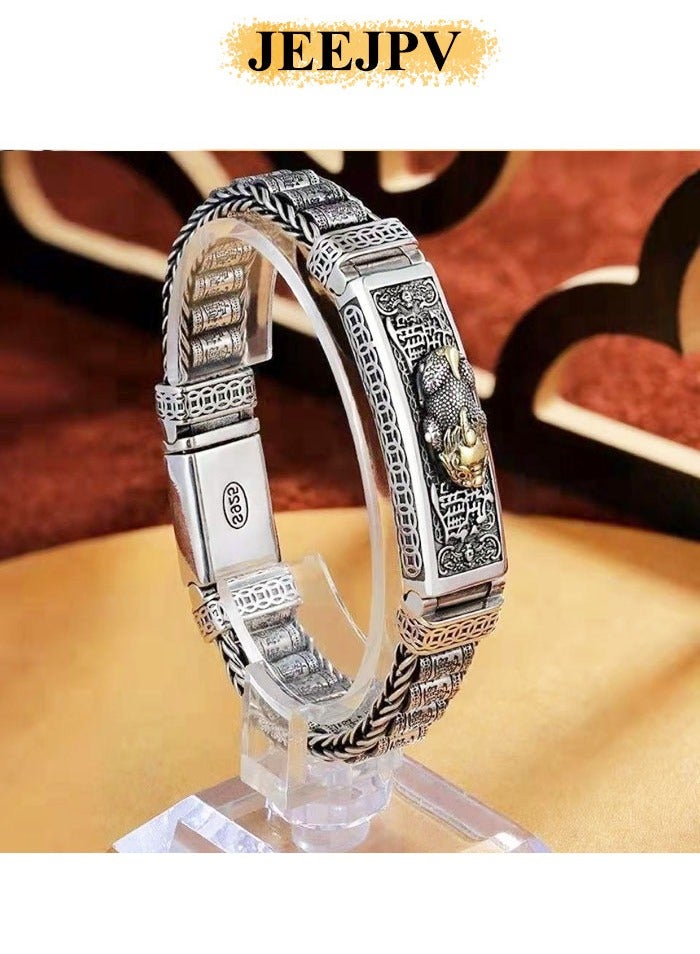 JEEJPV Men's Bracelet Hand Engraved Square Chain Bracelet 925 Sterling Silver Bracelet Retro Bracelet with Engraved Pattern - Image 4