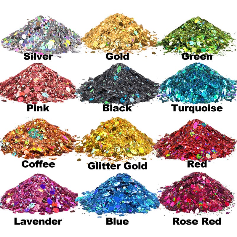 HEMOER Holographic Chunky Glitter, 12 Colors Sparkle Sequins, Mix Exclusive Polyester Glitter Set for Epoxy Resin, Tumblers,Crafts, Makeup, Festival Party Decoration - 0.42oz Each Bottle - Image 2