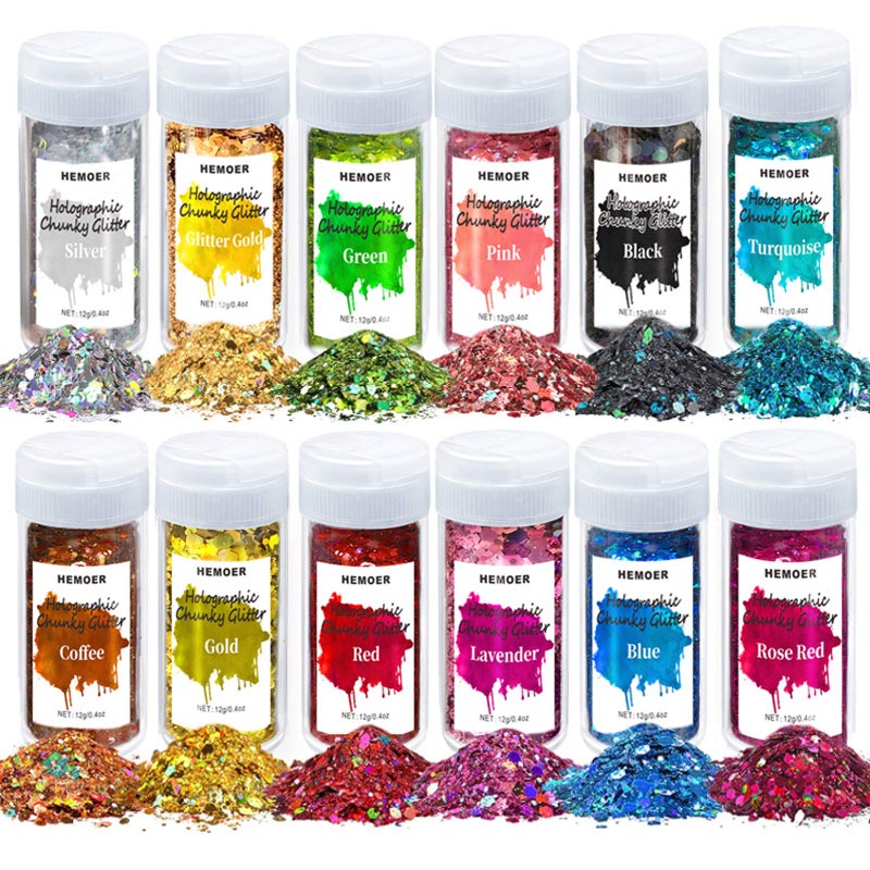 HEMOER Holographic Chunky Glitter, 12 Colors Sparkle Sequins, Mix Exclusive Polyester Glitter Set for Epoxy Resin, Tumblers,Crafts, Makeup, Festival Party Decoration - 0.42oz Each Bottle - Image 1