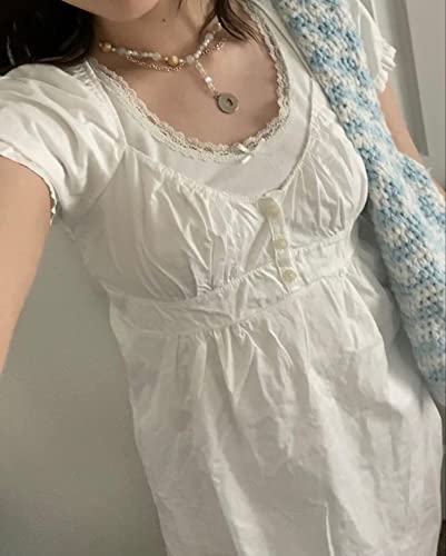 DSORVICD Women Y2k Gingham Top Lace Trim Scoop Neck Short Sleeve Tees Ruffle Hem Aesthetic Shirt Coquette Clothes (White, S) - Image 3