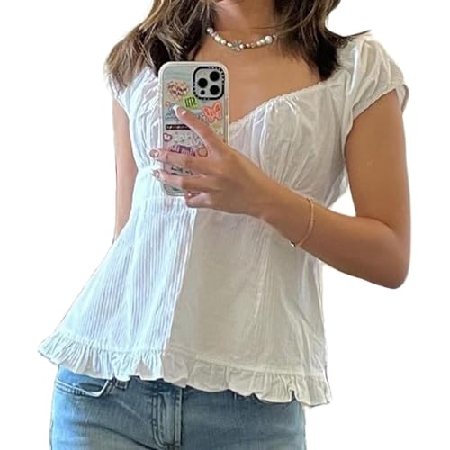 DSORVICD Women Y2k Gingham Top Lace Trim Scoop Neck Short Sleeve Tees Ruffle Hem Aesthetic Shirt Coquette Clothes (White, S) - Image 1