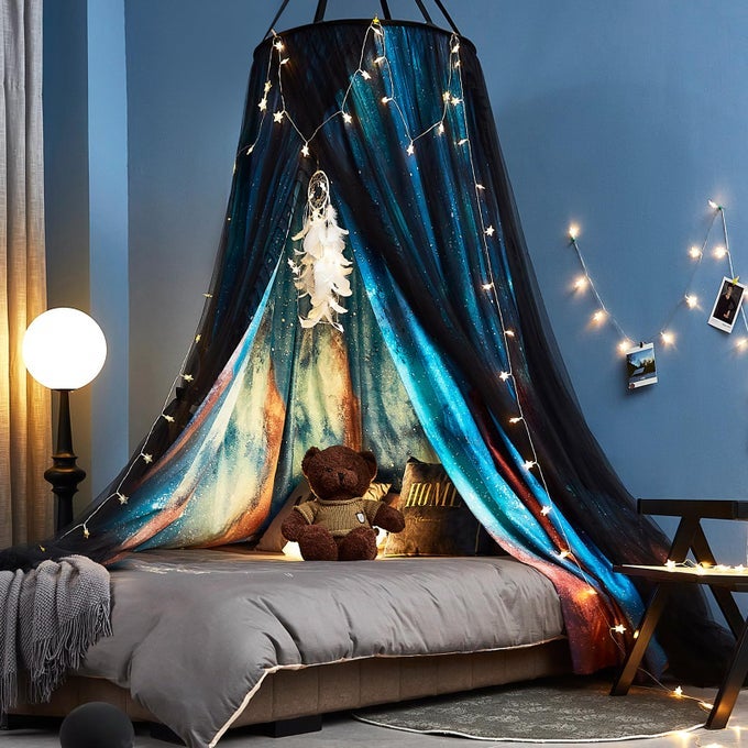 GORGEOUS AURORA PRINTED BED CANOPY FOR GIRLS ADULTS ROOM DECORATIVE COZY BED CURTAIN CANOPY DRAPES ROUND DOME LUXURIOUS LACE PRINCESS CANOPIES MOSQUITO NETTING AURORA