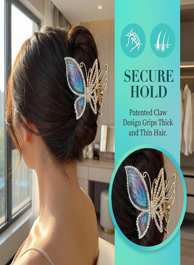KGCGJVB Butterfly Claw Clip for Women Large Metal Hair Clips Big Glitter Blue Rhinestone Barrettes Strong Hold Hair Accessories for Thick or Thin Hair Styling - Image 2