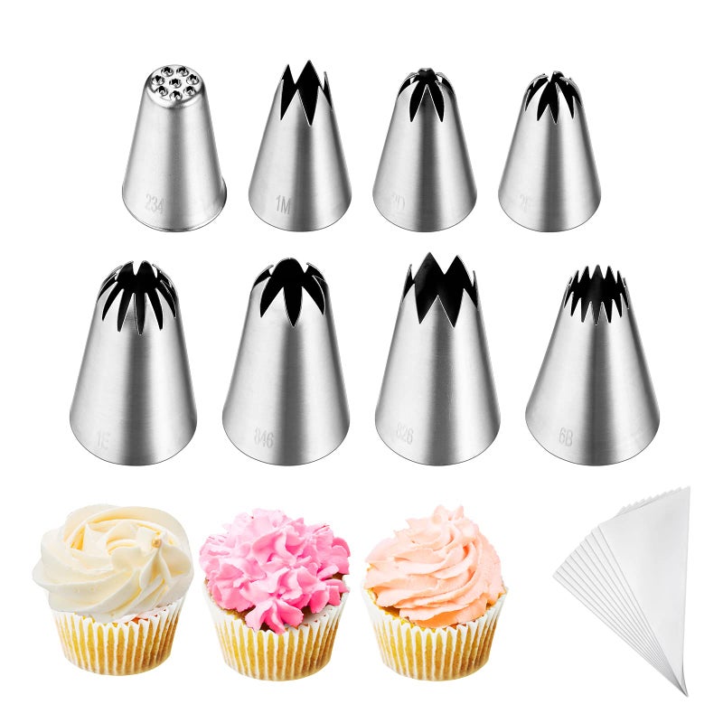 Kasmoire Kasmoire 8Pcs Large Piping Tips SetStainless Steel Icing Tips with 10 Disposable Pastry Bags for Cake Decorating 