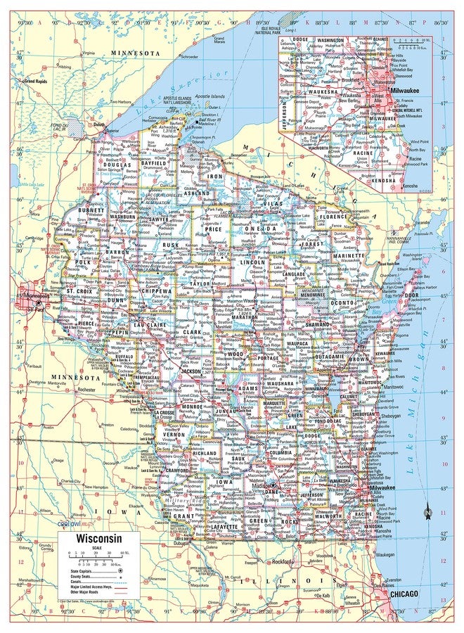 Cool Owl Maps Wisconsin State Wall Map Large Print Poster 24" Wx30 H - rolled Laminated