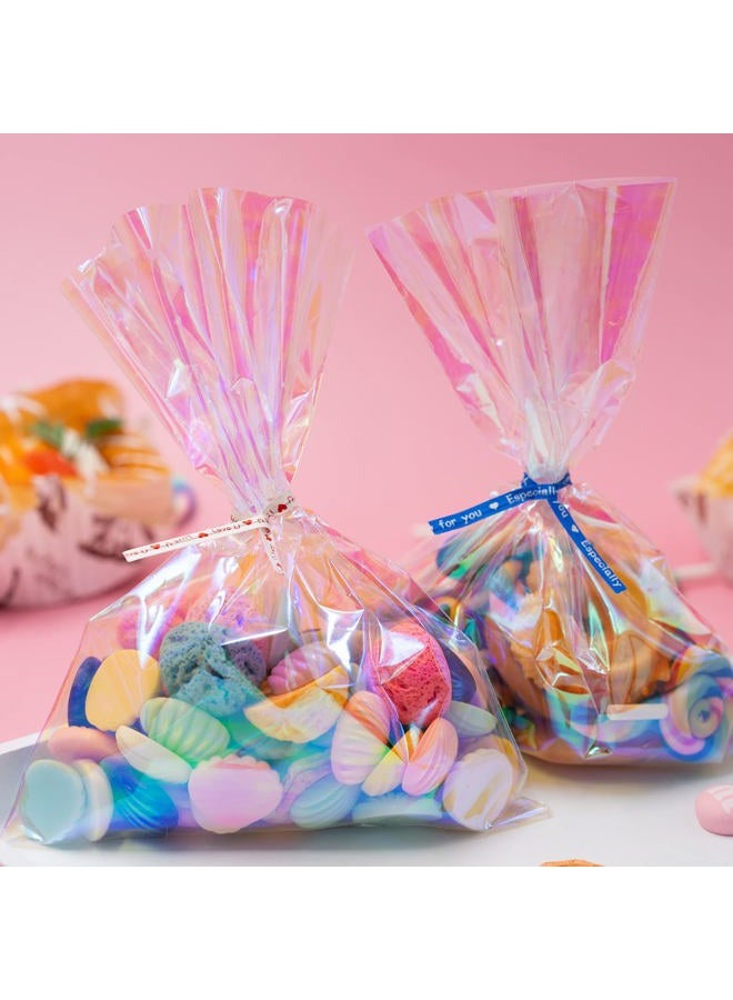 Ctoiotc Cellophane Bags,Cellophane Treat Bags, Iridescent Holographic Candy Bags, Clear Goodie Bags with 5 Colors Pieces Twist Ties for Birthday Party Favors, Easter, Weddings - Image 1