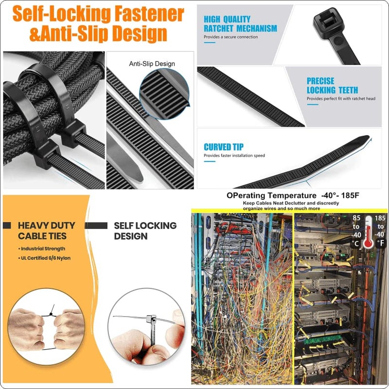 SHIVANSH TECHNOLOGY® Teeth Grip Nylon Self Locking Zip Cable Ties,Black(300 mm x4.8 mm,12" inch,Pack of 100)Multi-Purpose Heavy Duty Cord Management Ties,Plastic Ties for Home,Office,Garden,Workshop. - Image 5