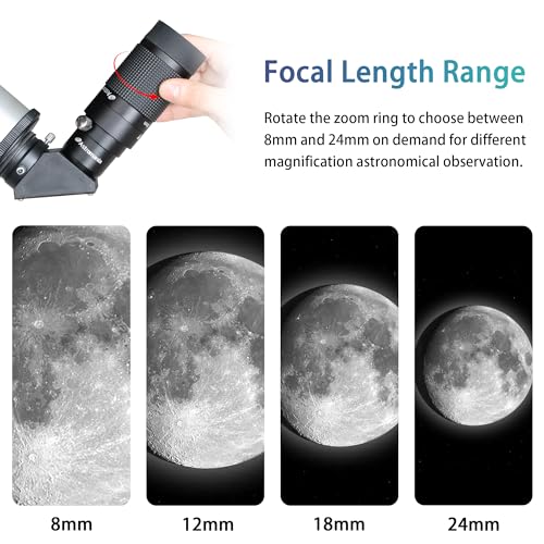 Astromania Zoom Eyepiece for Telescope, 8-24mm Wide Field Zoom Eyepiece Variable Power Design with T Thread for Astrophotography, Compatible with Telescope That Accept Telescope Eyepiece 1.25 Inch - Image 3