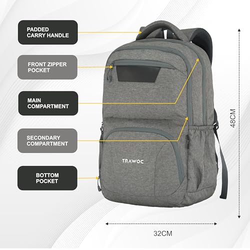 TRAWOC 30L Laptop Backpack TPB04 | Office & Travel Bag with 16-Inch Laptop Compartment, USB Charging Port & 3-Year Warranty -Ash grey - Image 2