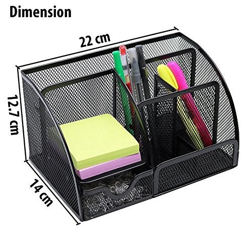 MeRaYo Metal Mesh Pen and Pencil Stationary Storage Tidy Desk Organizer Box with 6 Compartment for Home and Office Accessories (Black color) - Image 3