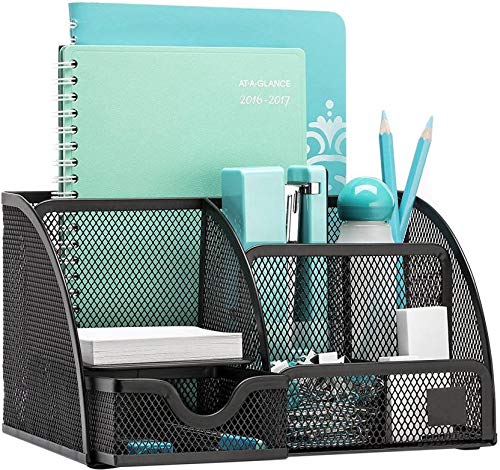 MeRaYo Metal Mesh Pen and Pencil Stationary Storage Tidy Desk Organizer Box with 6 Compartment for Home and Office Accessories (Black color) - Image 1