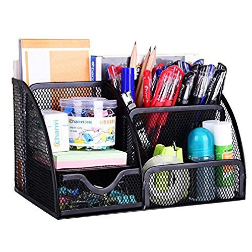 MeRaYo Metal Mesh Pen and Pencil Stationary Storage Tidy Desk Organizer Box with 6 Compartment for Home and Office Accessories (Black color) - Image 4