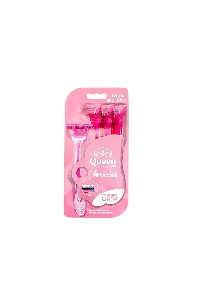 Lord Queen Triple Blade Disposable Razors – Pack of 4, Smooth & Precise Shaving for Women, Ergonomic Handle, Lubricating Strip for Soft Skin - Image 1