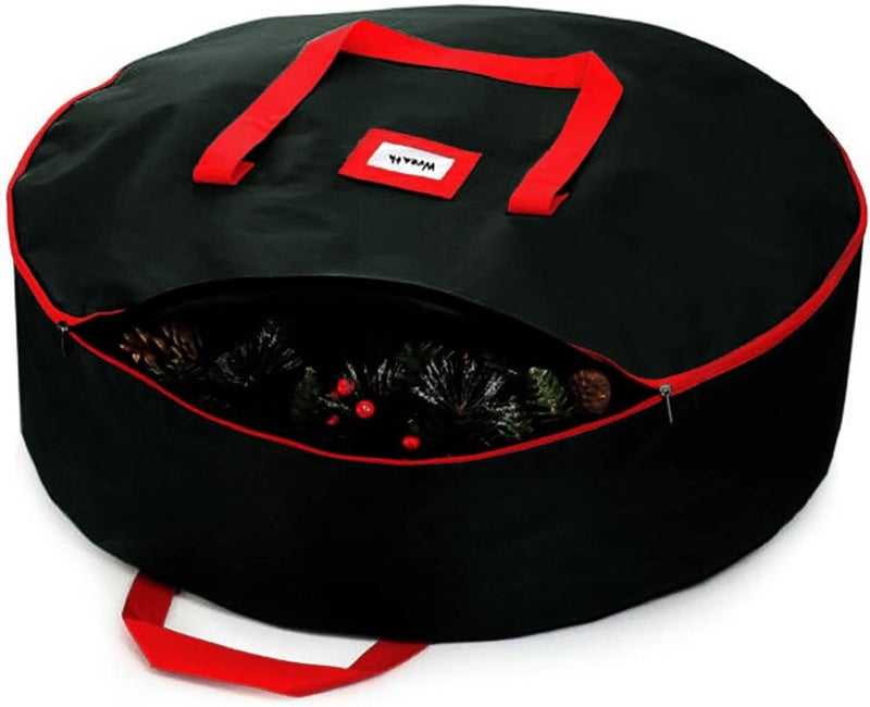 ويوبلز حقيبة تخزين أكاليل كبيرة سوداء اللون، عالية الجودة ومتينة، مزودة بسحاب ومقابض، مقاومة للماء، مقاس 24/30 بوصة، لحفظ زينة عيد الميلاد. - Image 1