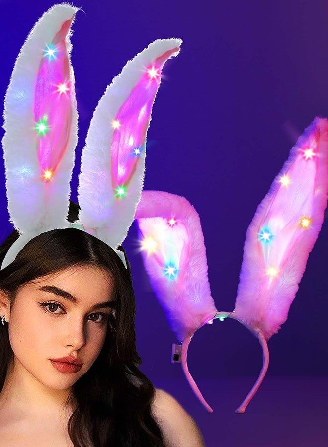 أسورنا طوق رأس على شكل آذان أرنب مضيئة من Aceorna، طوق شعر LED متوهج، طوق شعر على شكل آذان أرنب مضيئة، غطاء رأس فروي على شكل أرنب للنساء (أبيض وردي) - Image 1