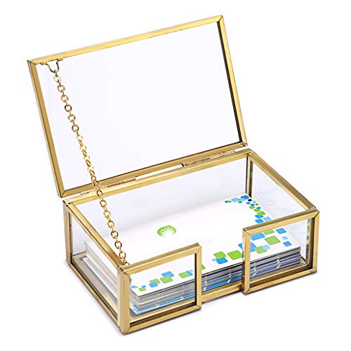 Hipiwe Glass Business Card Holder with Lid - Desktop Name Card Display Box Organizer Gold Metal Business Card Container for Office Countertop - Image 1
