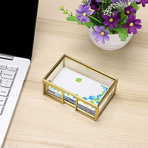 Hipiwe Glass Business Card Holder with Lid - Desktop Name Card Display Box Organizer Gold Metal Business Card Container for Office Countertop - Image 2