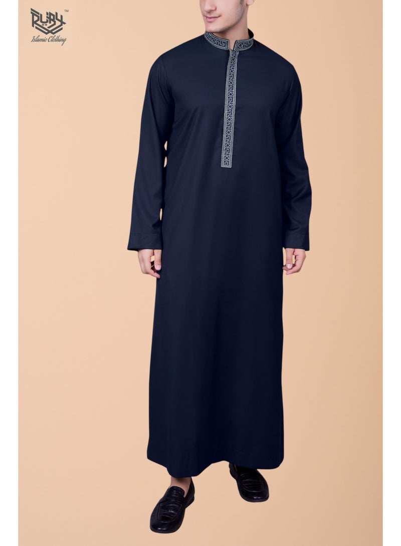 RUBY ISLAMIC CLOTHING Men's Saudi Arabic Thobe Jubba Dishdasha Long Sleeve Robe, kandura, Abaya Dress, kaftan Ramadan Dress Middle East Clothing (Navy blue) - Image 1