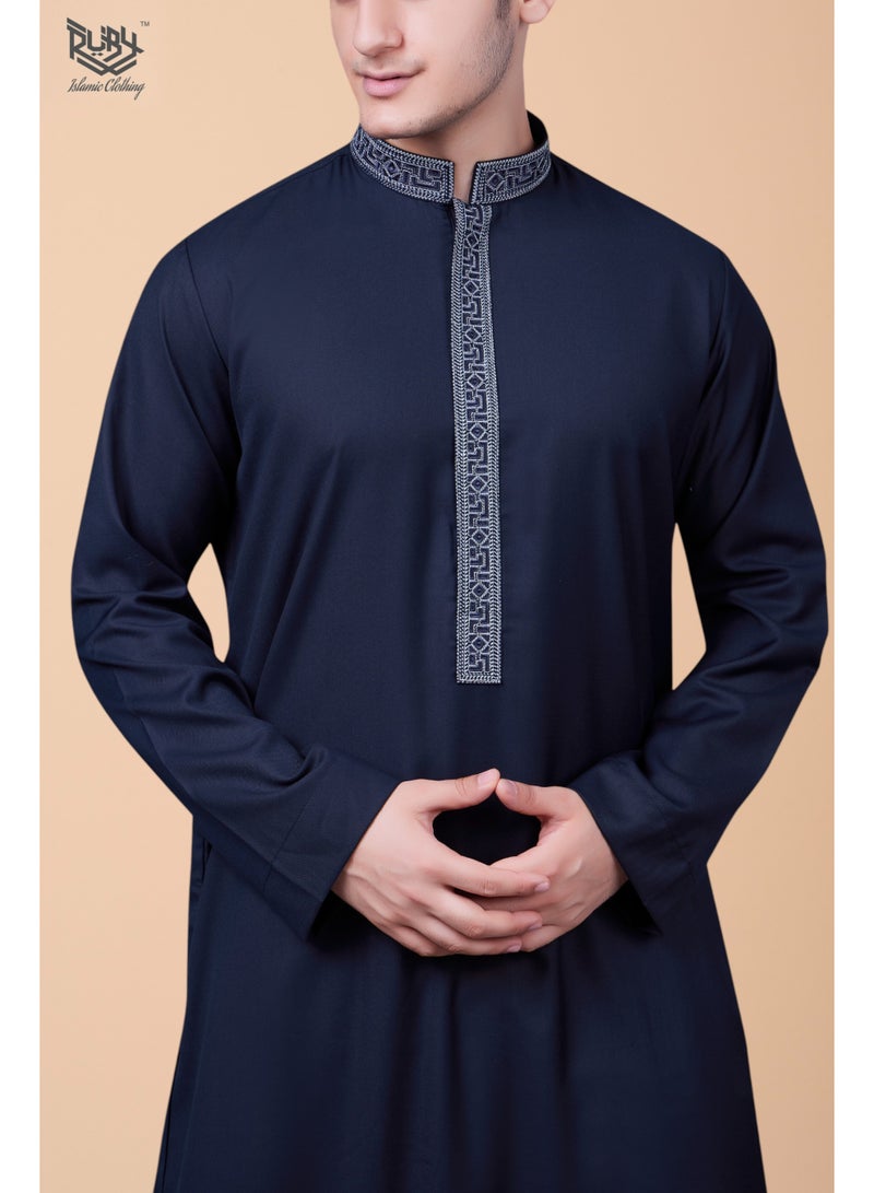 RUBY ISLAMIC CLOTHING Men's Saudi Arabic Thobe Jubba Dishdasha Long Sleeve Robe, kandura, Abaya Dress, kaftan Ramadan Dress Middle East Clothing (Navy blue) - Image 2