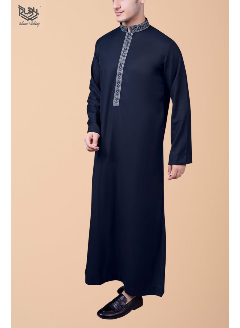 RUBY ISLAMIC CLOTHING Men's Saudi Arabic Thobe Jubba Dishdasha Long Sleeve Robe, kandura, Abaya Dress, kaftan Ramadan Dress Middle East Clothing (Navy blue) - Image 3