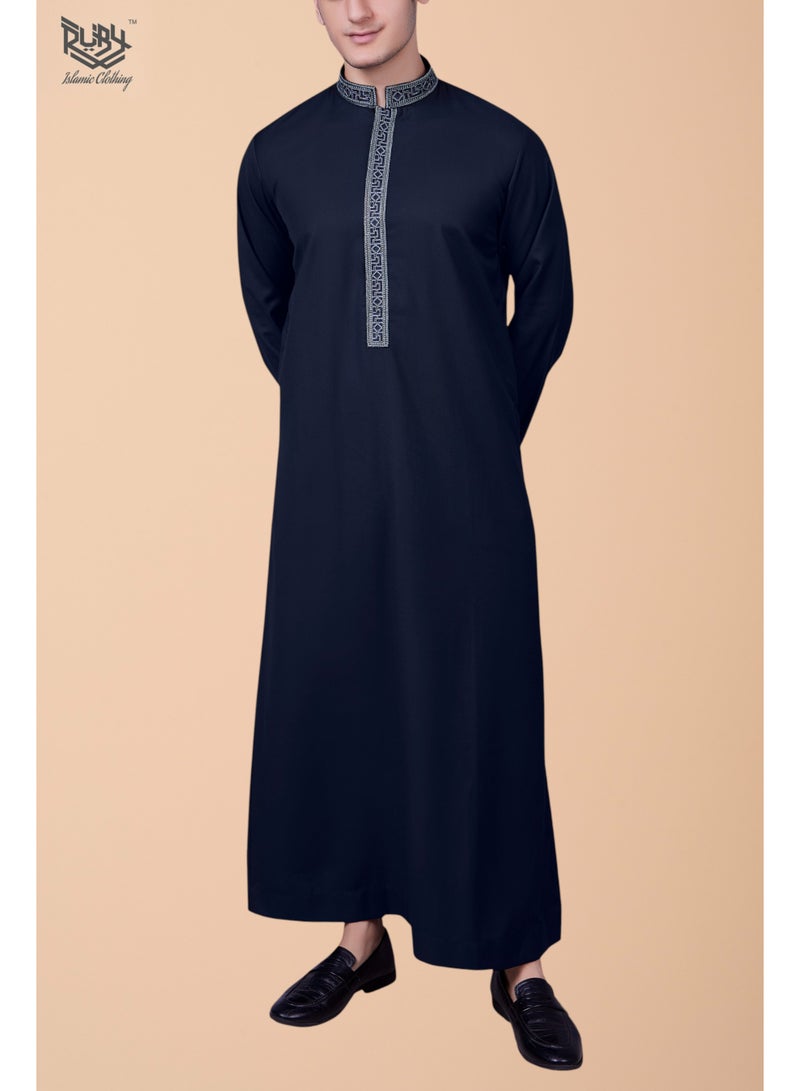 RUBY ISLAMIC CLOTHING Men's Saudi Arabic Thobe Jubba Dishdasha Long Sleeve Robe, kandura, Abaya Dress, kaftan Ramadan Dress Middle East Clothing (Navy blue) - Image 4